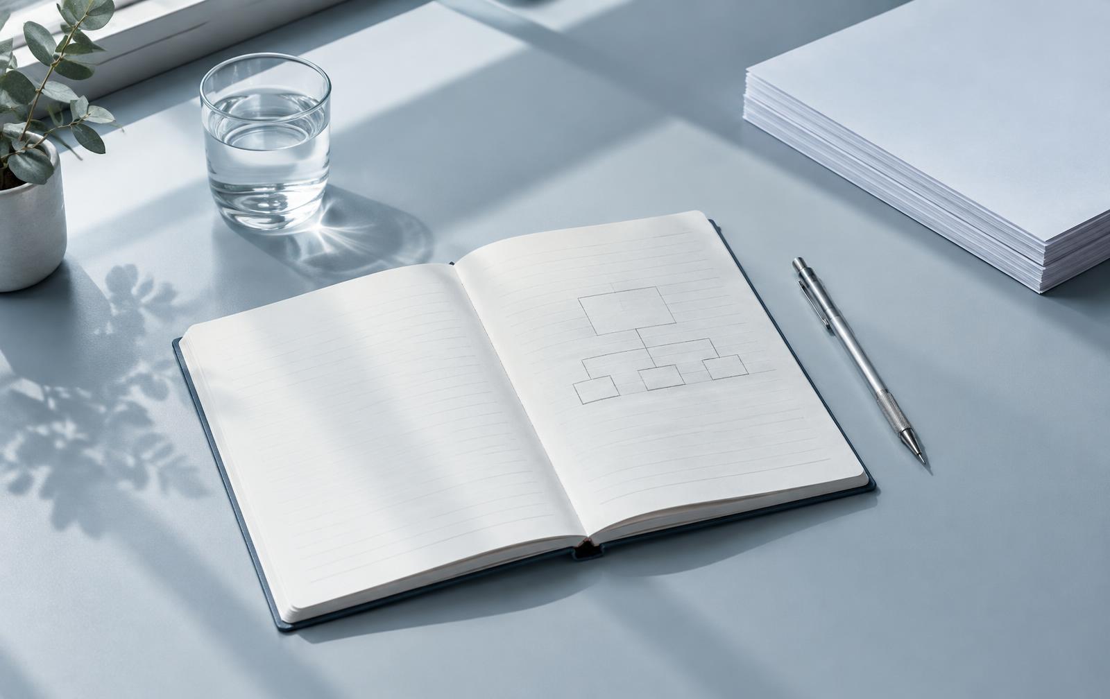 Geordnetes Notizbuch mit Ablaufskizze, Stift und Glas auf einem hellen Schreibtisch